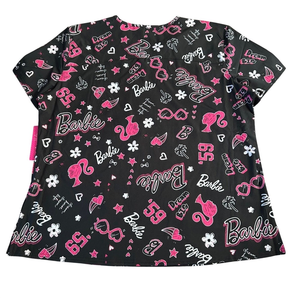 Barbie Scrub Top Womens Size 2XL Black Pink Short Sleeve Work Shirt - Picture 5 of 5